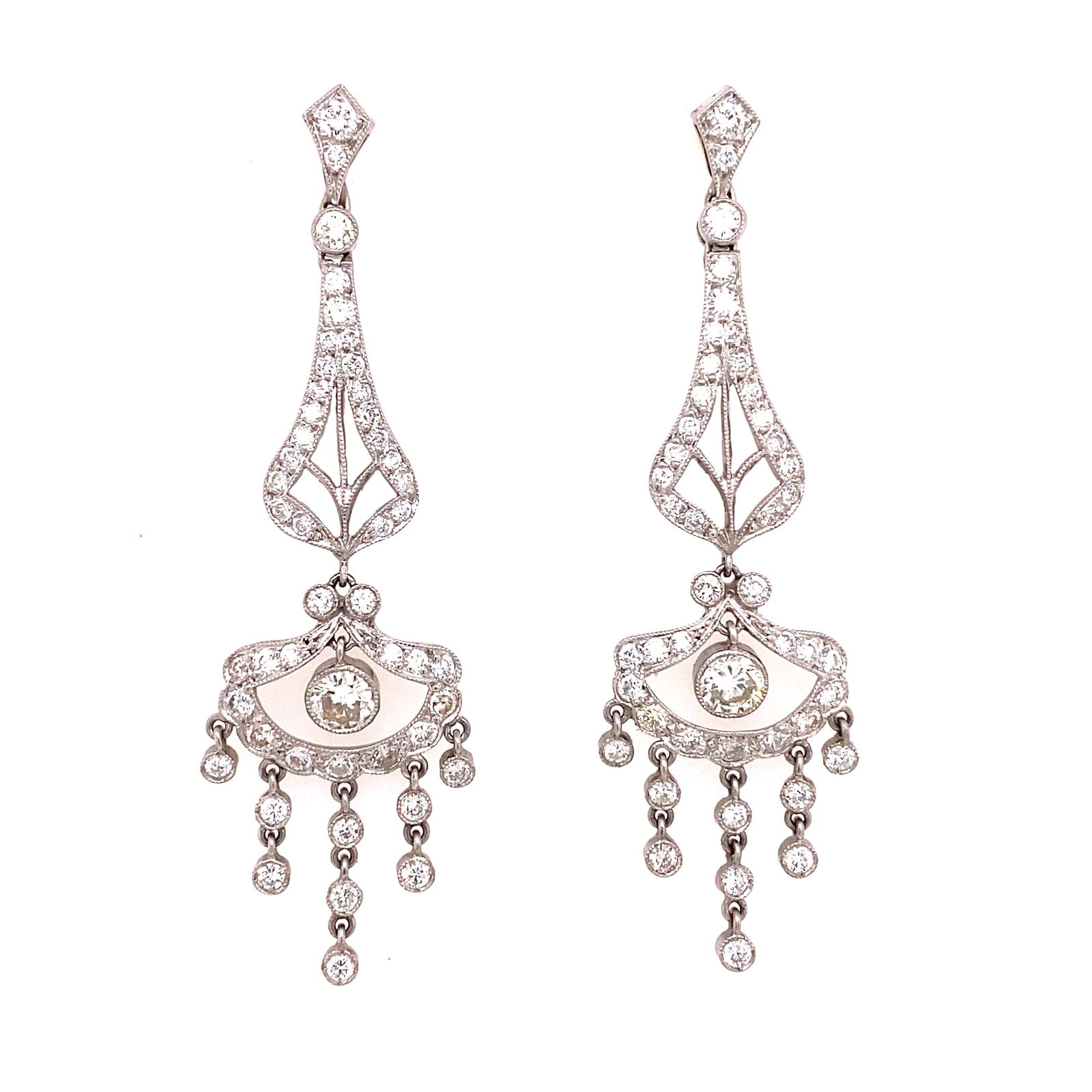 Platinum Diamond Drop Chandelier Earrings: Platinum Weight 9.5g Diamond Approx. 2.5ct VS1-H Drop Chandelier Earrings Measurements 2.3”x0.7”