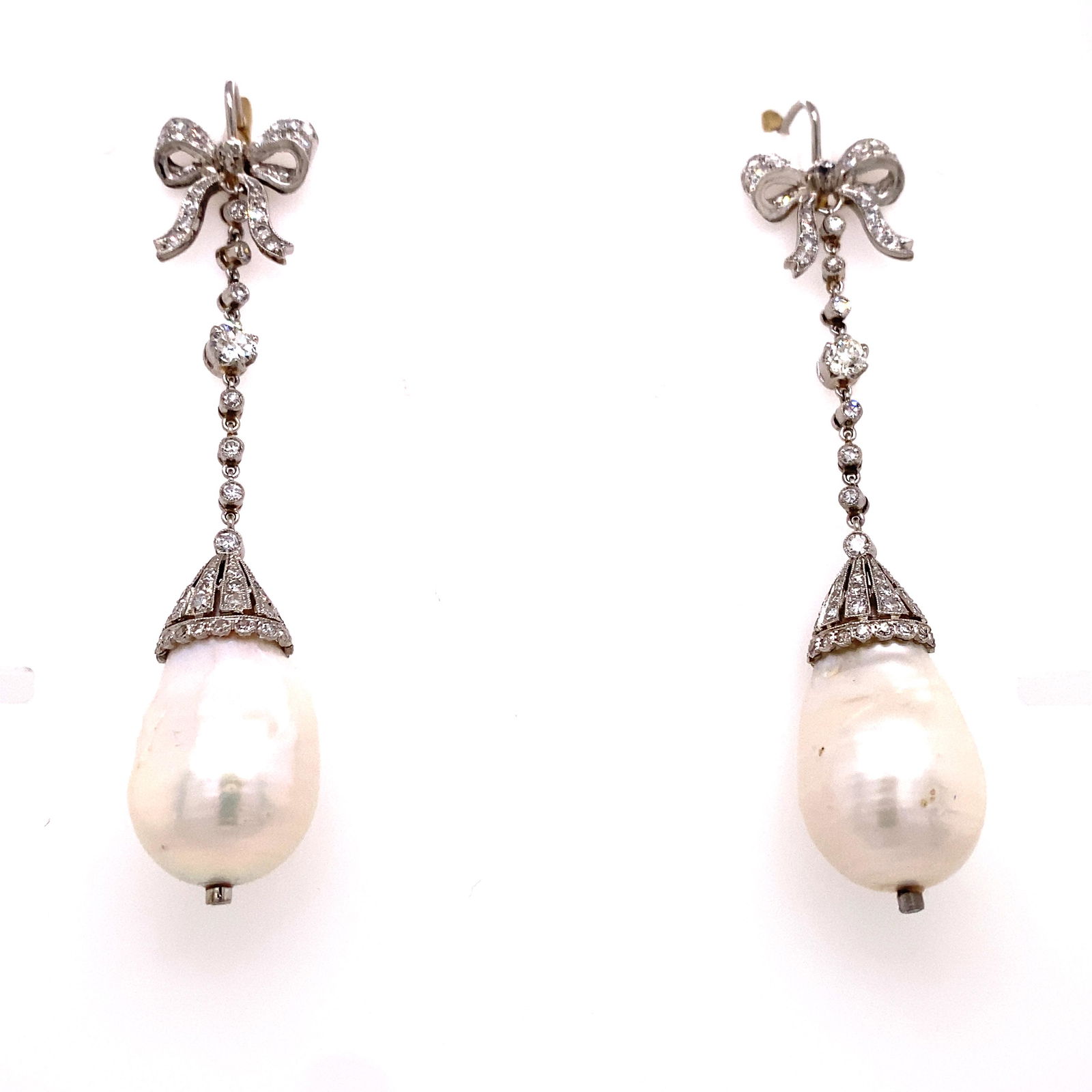 Platinum Bow Pearl Long Diamond Earring (1 of 1)
