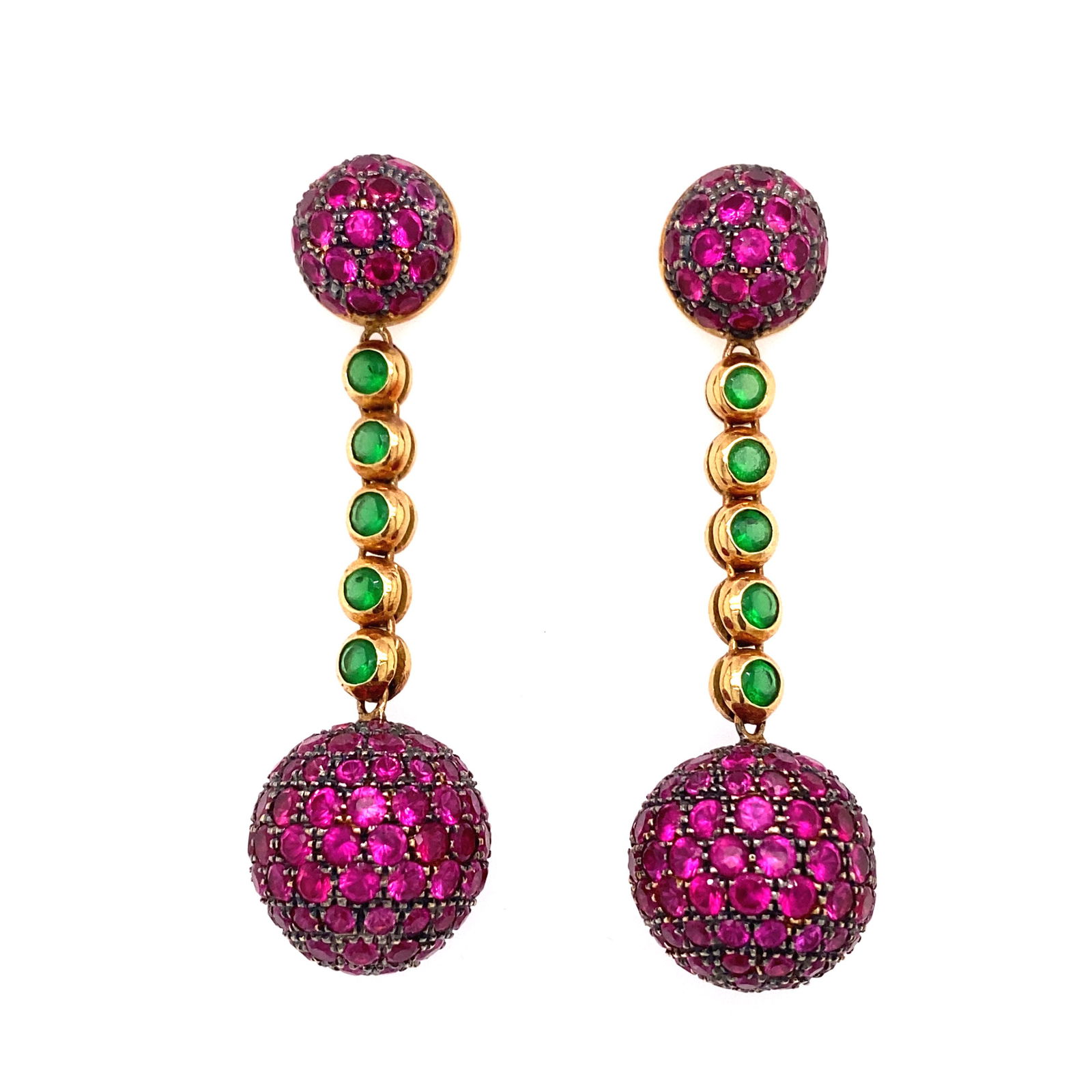 18k Emerald & Red Stone Pave Ball Drop Earrings (1 of 2)