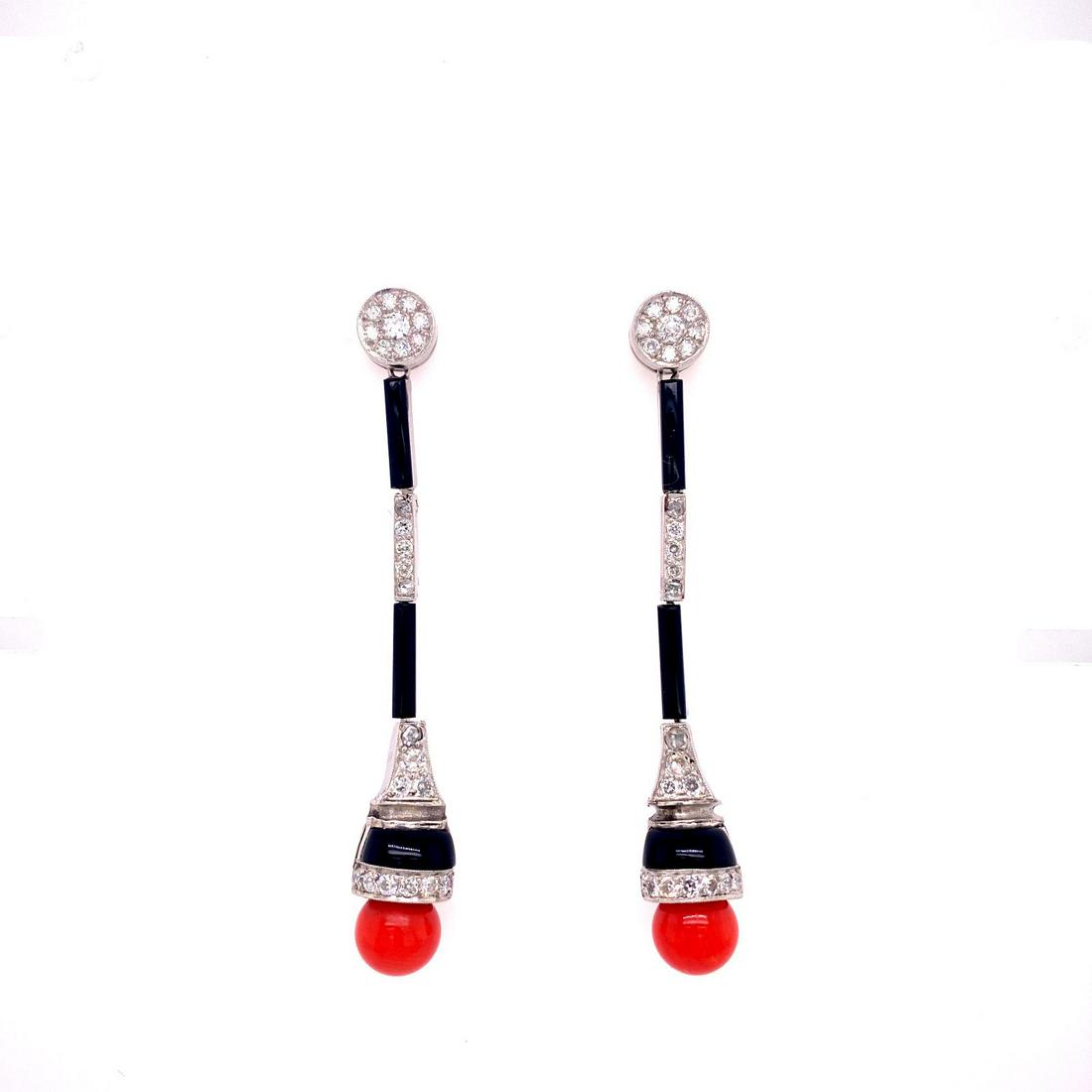 Art Deco Platinum Coral Onyx Diamonds Earrings (1 of 2)