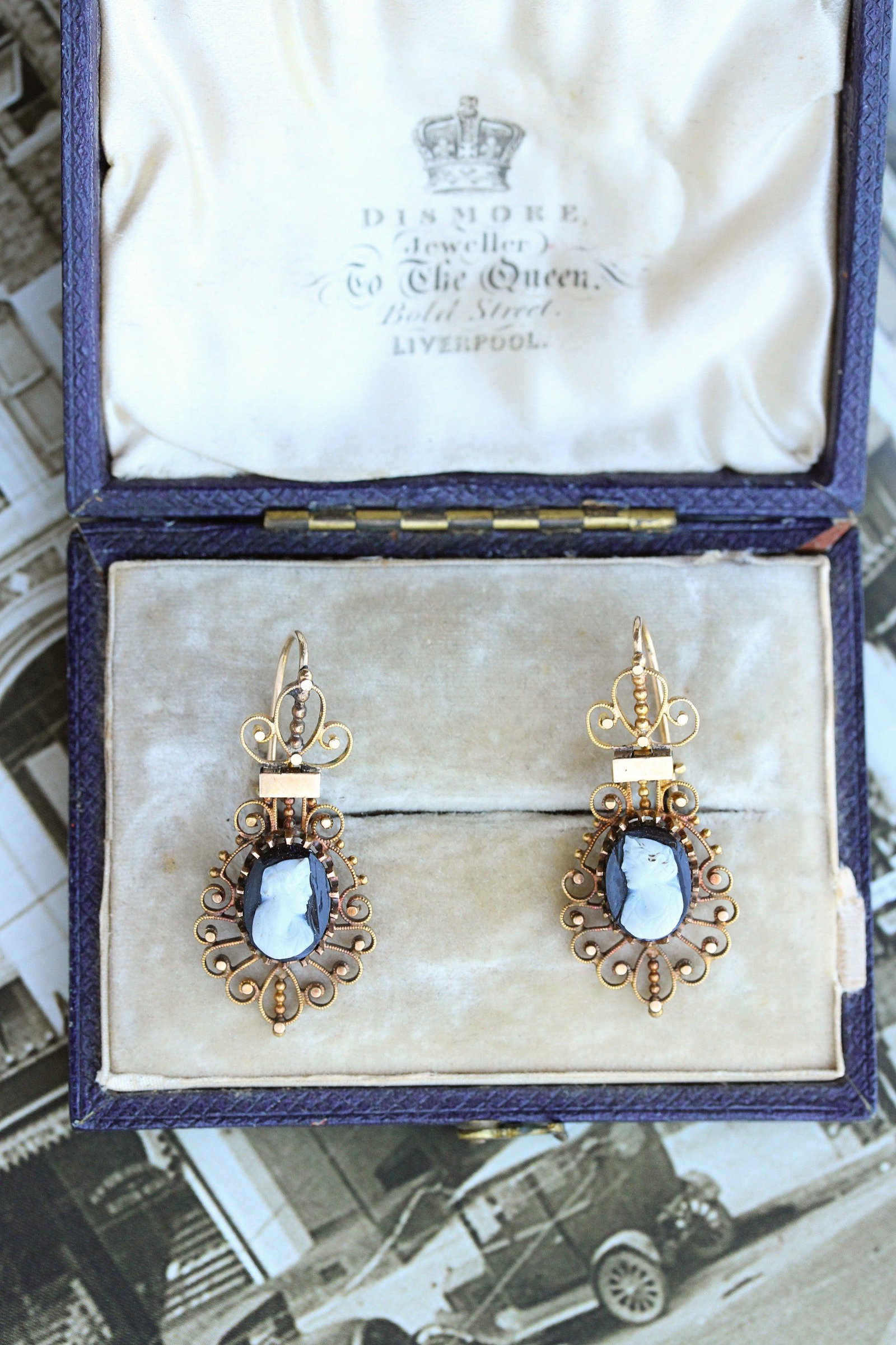Victorian Stone Cameo Filigree Earrings, 14k (1 of 1)