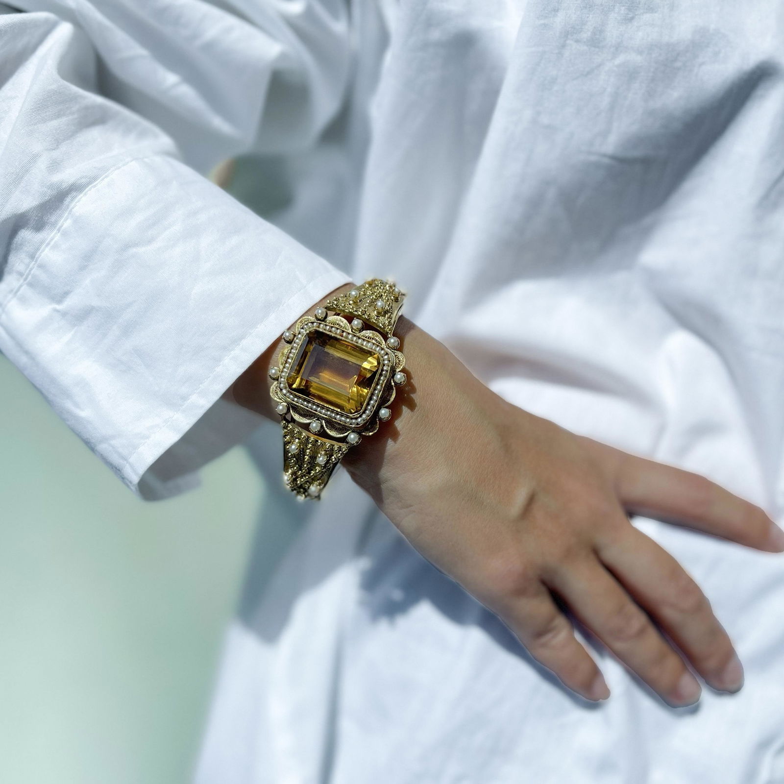 18k Victorian Citrine & Pearl Bangle Bracelet  (1 of 3)