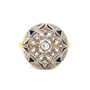 Art Deco 18k Diamond Sapphire Ring : Art Deco 18k Yellow Gold Platinum Weight 2.82gr Measurements 0.52”x0.64” Diamond Sapphire Ring Size 3.5gr 