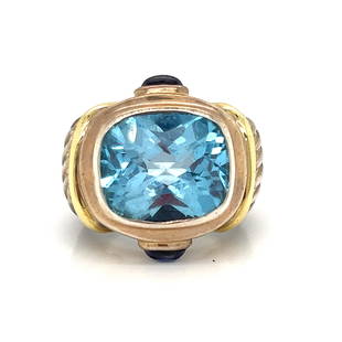 David Yurman Silver 18k Topaz Sapphire Ring : David Yurman Silver 18k Yellow Gold Weight 10.65 Measurement 0.82”x0.92” Topaz Sapphire Ring 5.5 