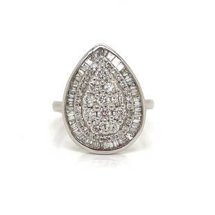 18k Diamond Pear Ring: 18k White Gold Weight 5.8g Diamond Approx. 1.28ct Pear Ring Size 7 Measurements 0.78”x0.78”