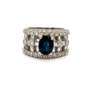 Platinum Diamond Sapphire Ring: Platinum Weight 13.8g Diamond Approx. 1.16ct Sapphire Approx. 1ct Ring Size 5 Measurements 0.47”x0.80”