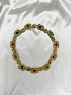 14k 60’s Multi Gem Byzantine Inspired Necklace : 14k Yellow Gold Weight 80g 60’s Multi Gem Ruby, Sapphire, Emerald. Necklace Byzantine Inspired Measurements 17”x0.66”