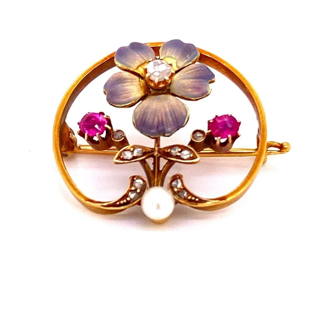 18k Art Nouveau Flower Enamel Brooch (1 of 2)