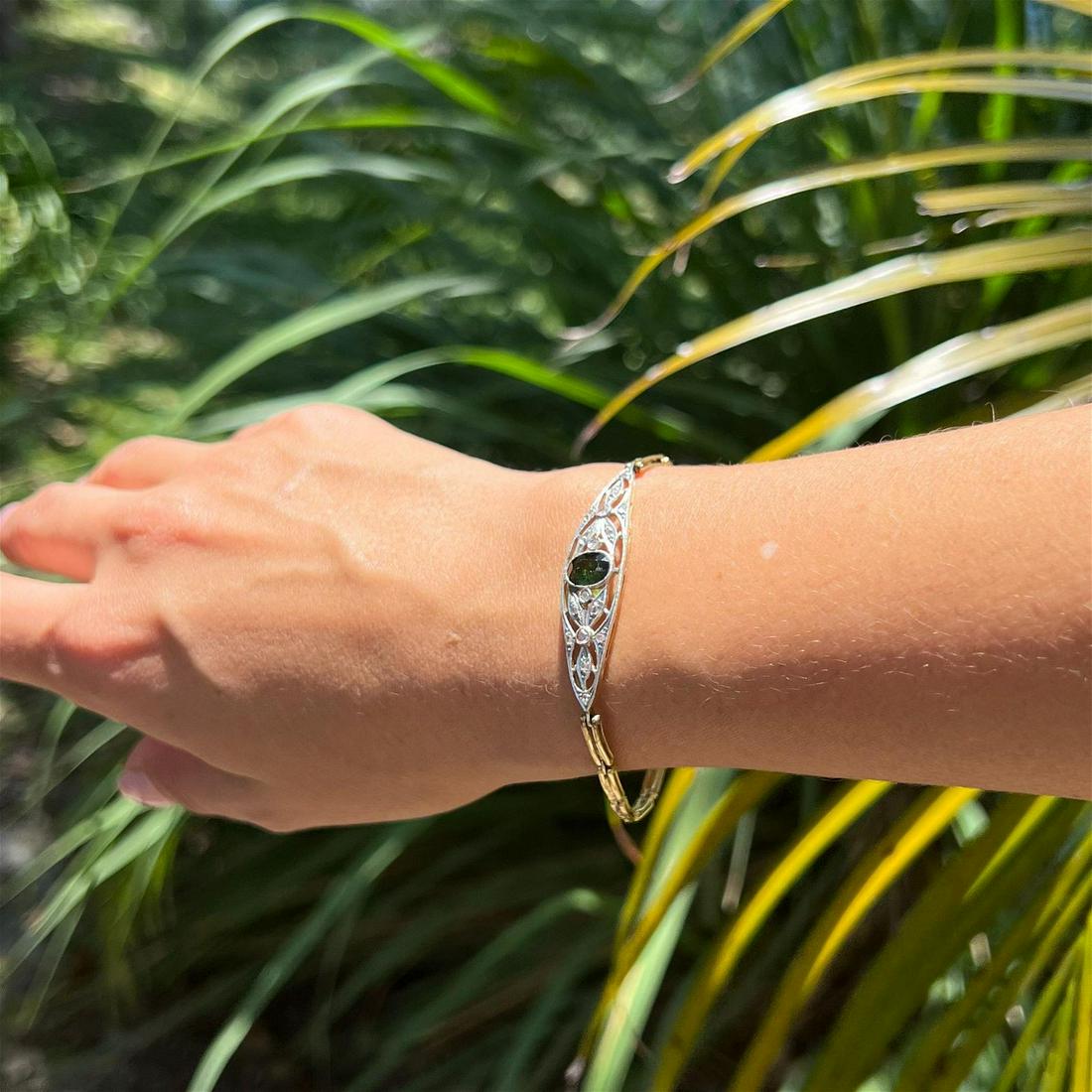 Edwardian 18k Platinum Diamond Turmaline Bracelet : Edwardian 18k Yellow Gold Platinum Weight 6.75gr Diamond Approx 0.3ct Vs1 H Turmaline 1.25ct Measurement 6.75”x0.42” Bracelet