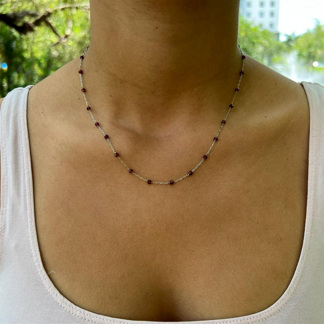18k Garnet Choker Chain: 18k White Gold Weight 3.6 Garnet Choker Chain Measurements 17”x0.11”
