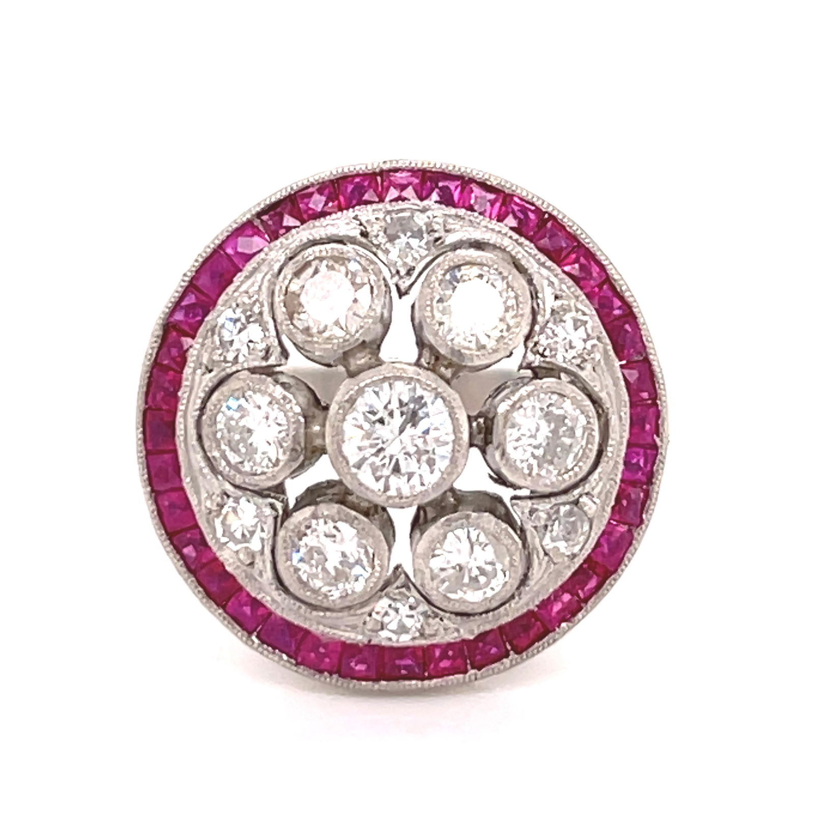 Art Deco Platinum Ruby Diamond Target Ring  (1 of 3)