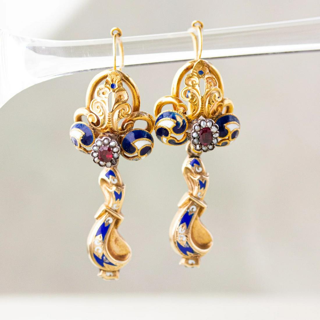 Victorian Garnet, Pearl & Enamel Repousse Earrings, 14k (1 of 1)
