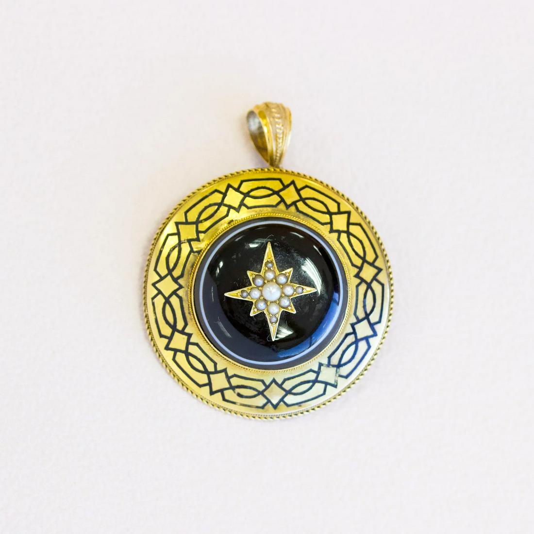 Victorian Star Pin with Banded Agate, Pearls & Black Enamel, 14k (1 of 1)
