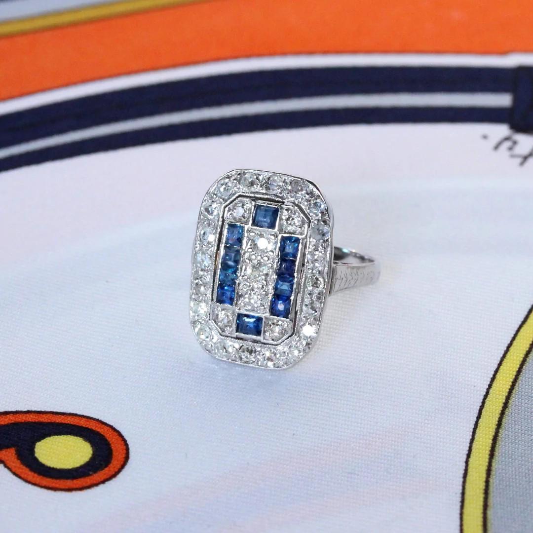Art Deco Sapphire & Diamond Checkerboard Ring, Platinum (1 of 1)