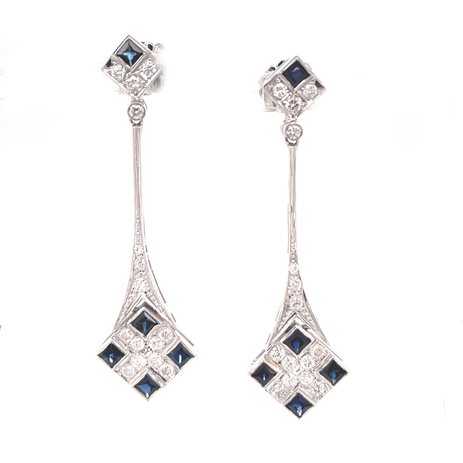 Art Deco Platinum Sapphire Diamond Long Drop Earring (1 of 1)
