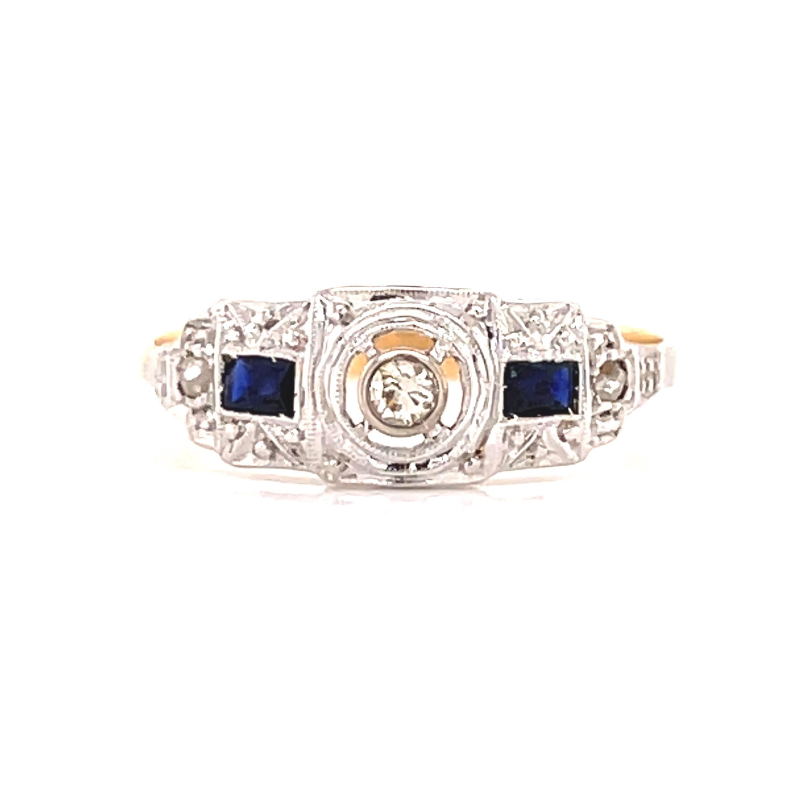 Art Deco 18k Diamond Sapphire Ring : Art Deco 18k Yellow Gold Weight 3.66gr Measurement 0.28”x0.8” Diamond 0.8ct Vs1 I Sapphire Ring Size 7.5