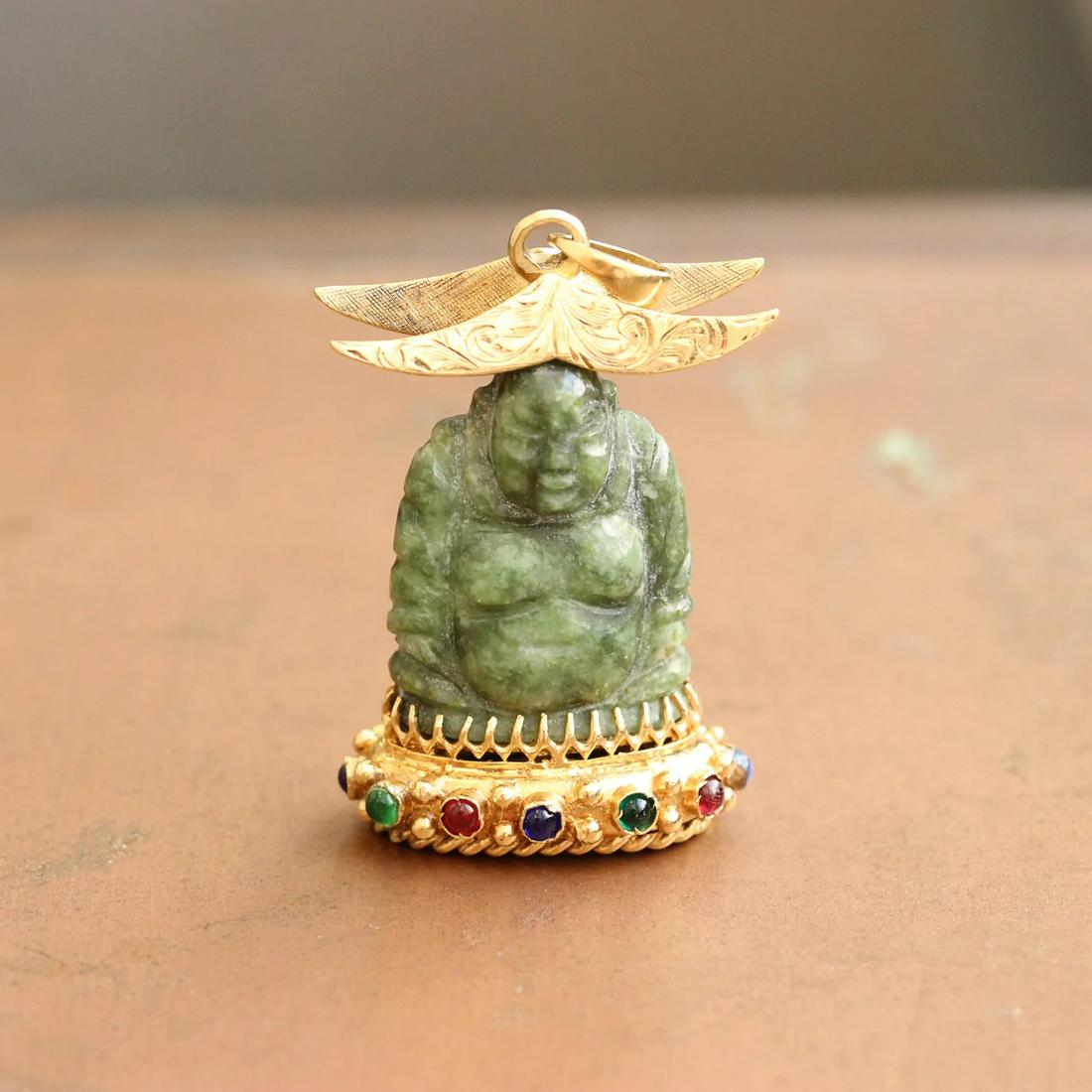 Vintage Carved Jade Buddha Charm with Ruby, Sapphire & Emeralds (1 of 2)