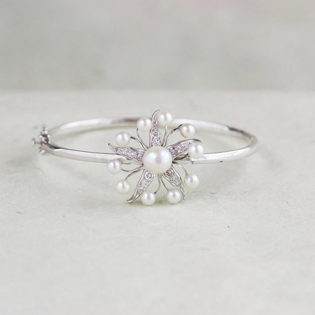 Pearl & Diamond Starburst Bangle, Platinum & 18k (1 of 1)