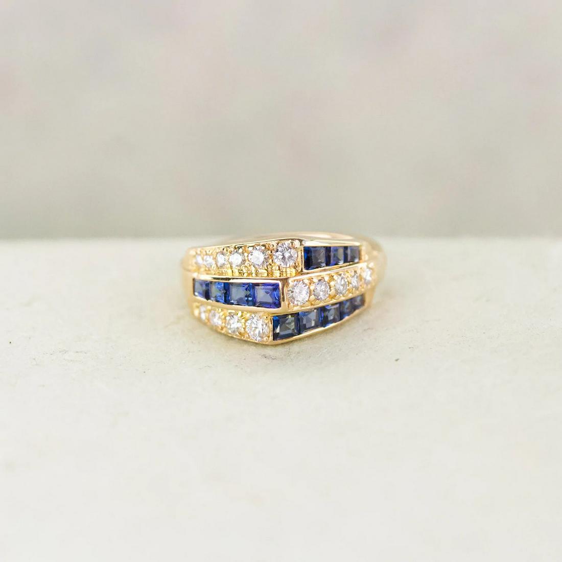 Retro Sapphire & Diamond Geometric Ring, 18k (1 of 1)