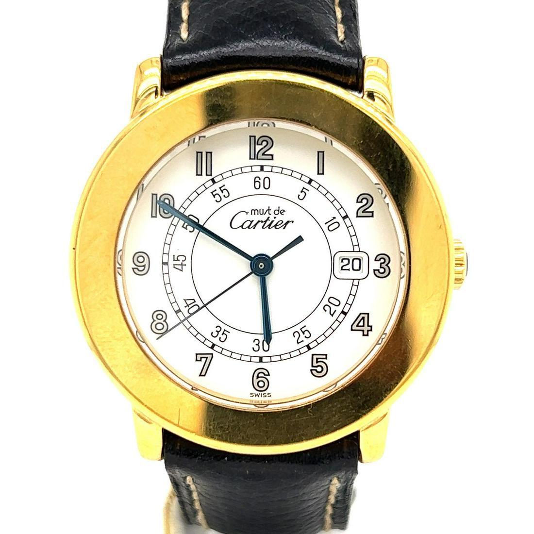 Plaque De Ouro CARTIER Unisex Watch: Plaque De Ouro Must De CARTIER Watch Watch 47.89g 1.4”x1.4” Original Cartier Leather Strap & Buckle