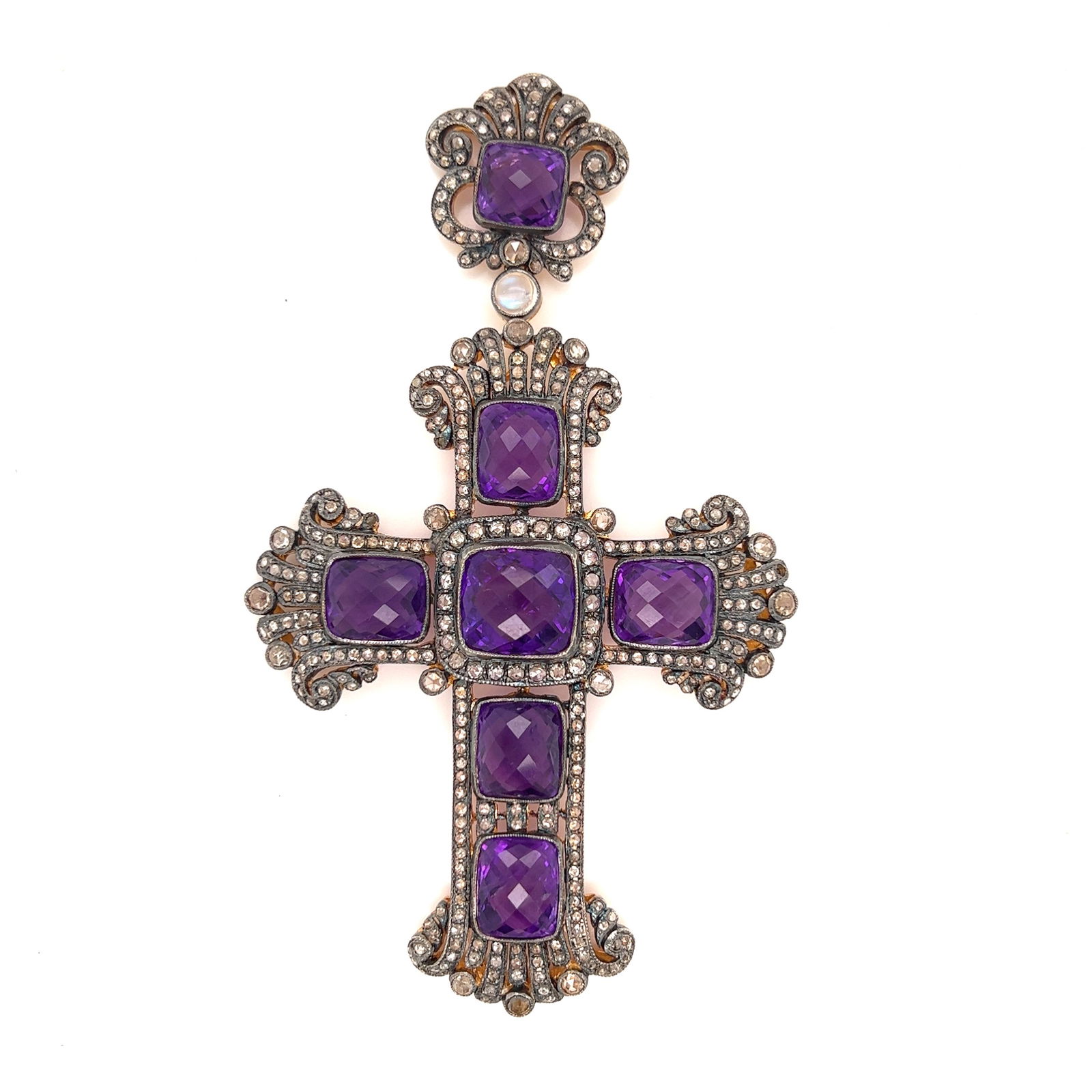 Silver and Gold Amethyst Diamond Cross Pendant Brooch (1 of 1)