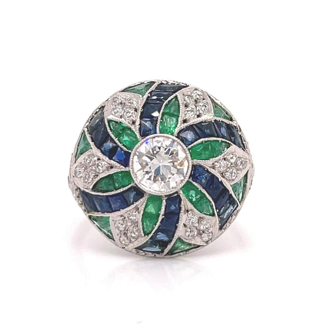 Art Deco Platinum Sapphire Emerald Diamond Round Ring (1 of 2)