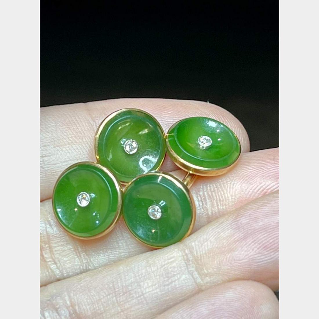 Antique 14K Yellow Gold Jade and Diamond Cufflinks (1 of 1)