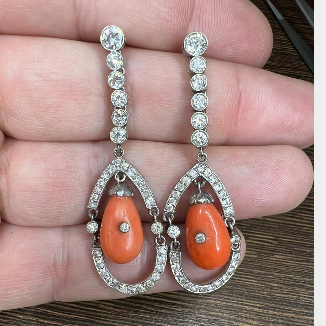 Platinum Diamond and Coral Earrings Weighing 10.5 grams (1 of 1)