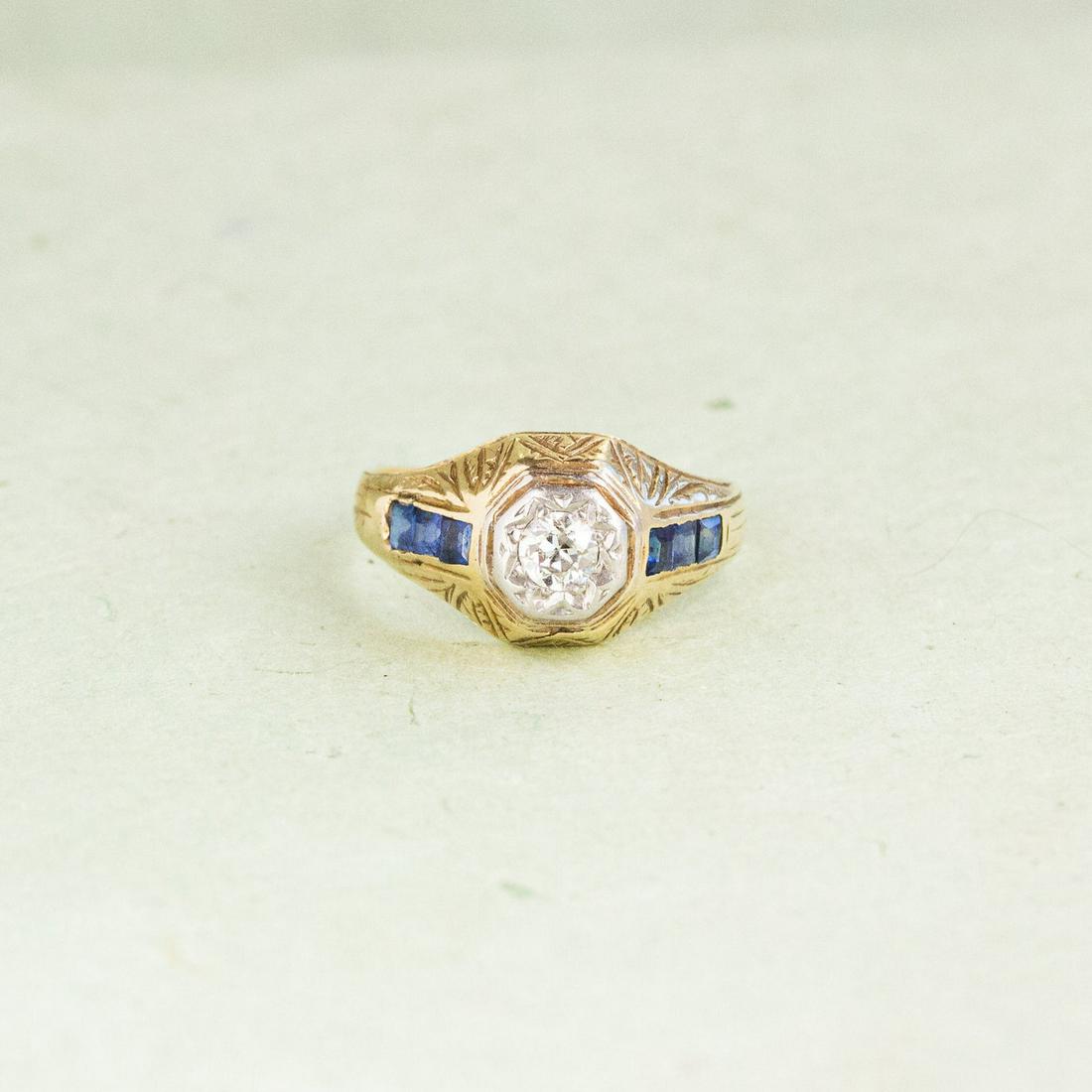 18k Art Deco Diamond & Sapphire Men's Ring (1 of 4)