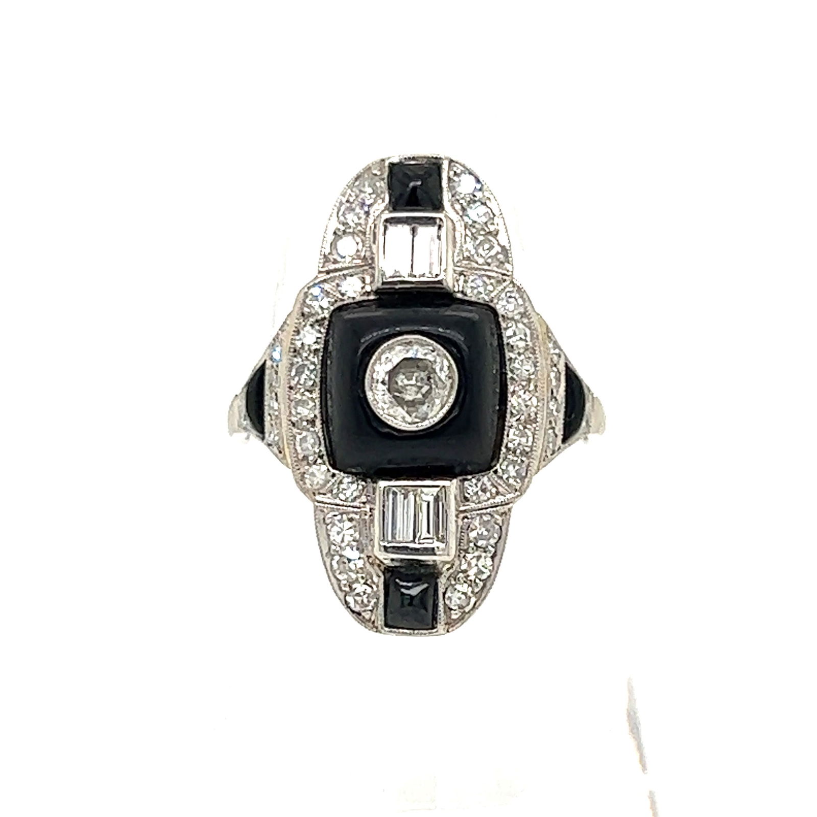 French Art Deco Platinum Onyx Diamond Ring (1 of 2)