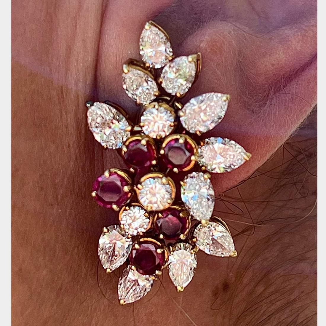 French 18K Yellow Gold Diamond and Burma Ruby Earrings (1 of 1)