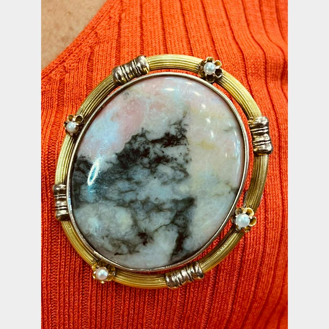 Antique 14K Yellow Gold Frame Stone Brooch (1 of 1)