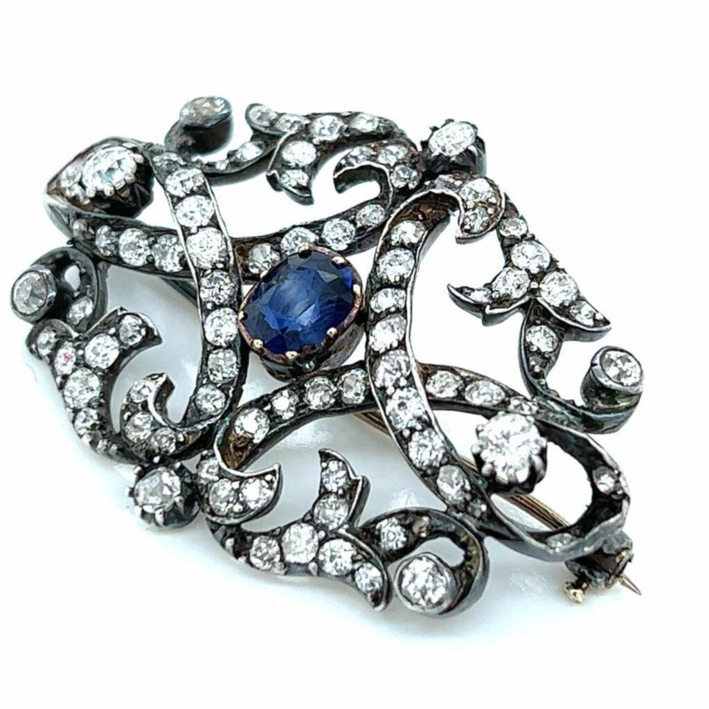 Victorian 18K & Silver Top Sapphire and Diamond Brooch (1 of 3)