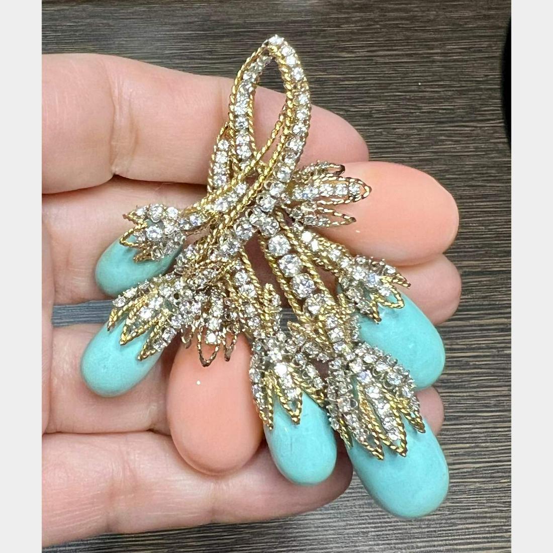 1970â€™s 18K Coral, Turquoise, and Diamond Brooch (1 of 1)