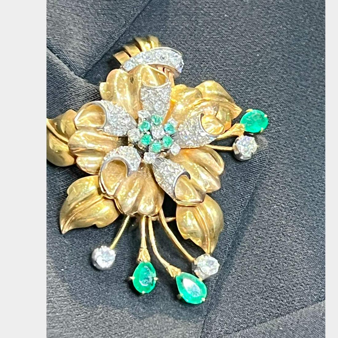 18K Yellow Gold & Platinum Emerald and Diamond Flower Brooch (1 of 1)