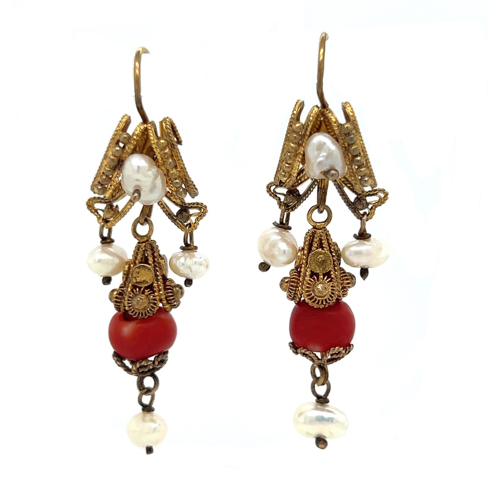 14k 1800’s Mexican Oaxacan Pearl Coral Earrings (1 of 1)