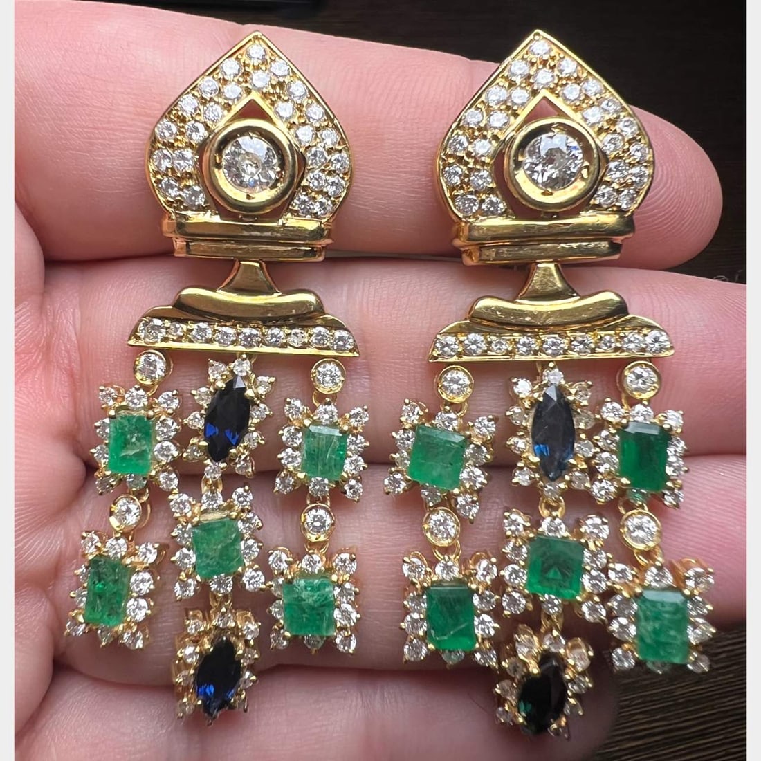 18K Yellow Gold Diamond Emerald & Sapphire Earrings (1 of 2)