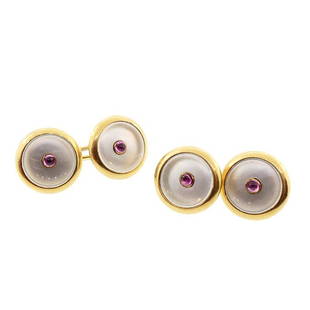 Edwardian 18K Gold Pink Sapphire & Mother-of-Pearl Double Cufflinks: The cufflinks have nice weight and are comfortable to wear. Each is marked “18K” and also bears French import marks. Origin: possibly England or America, ca. 1910. Dimensions: faces,