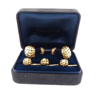 Tiffany & Co. 18K Gold Diamond VANNERIE Cufflinks Studs Dress Set: An elegant 18K yellow gold and diamond 5-piece dress set from the “Vannerie” collection by Tiffany & Co. The double-faced cufflinks and studs are worked in an open basketweave pattern