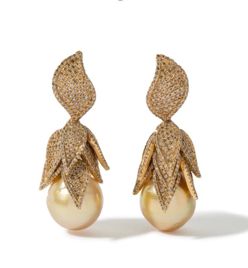 18K YELLOW GOLD YVEL PEARL & DIAMOND EARRINGS, 24.80 dwt., 5.00ct.TW ROUND CHAMPAGNE Diamonds (1 of 1)