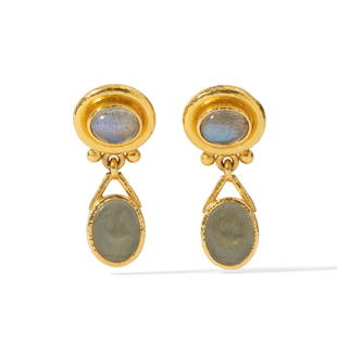 18K YELLOW GOLD ELIZABETH LOCKE MULTI COLOR STONE EARRINGS, 11.60 dwt., .00ct.TW OVAL MOONSTONE: 18K YELLOW GOLD ELIZABETH LOCKE MULTI COLOR STONE EARRINGS, 11.60 dwt., .00ct.TW OVAL MOONSTONE RAINBOW .00ct.TW OVAL MOTHER OF PEARL WHITE .00ct.TW OVAL GLASS BLUE Size1.25