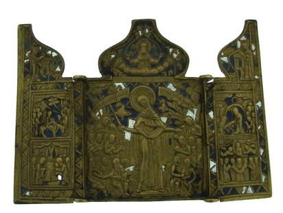 TRIPTIX SKLADEN BRONZE VINTAGE ICON RELIGIOUS: TRIPTIX SKLADEN BRONZE ENAMEL ANTIQUE VINTAGE ICON RELIGIOUS MEASURES OPENED: 5 3/4'' X 4 3/16’' CLOSED 3'' X 4 3/16’' WEIGHT 147.6 G