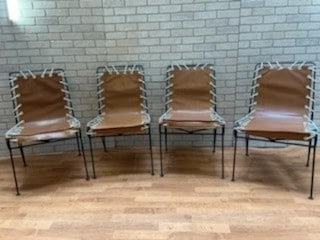 Upholstered Mid Century Modern Pipsan Saarinen Swanson for Ficks Reed Sol-Air Lounge Sling Chairs: Upholstered Mid Century Modern Pipsan Saarinen Swanson for Ficks Reed Sol-Air Lounge Sling Chairs Set of 4 We replaced all ropes and grommets.. Great modernist design. Circa 1950 Dimentions: H 38â