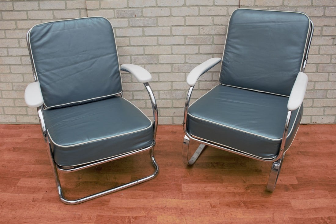 ART DECO CHAIRS: ART DECO KEM WEBER SPRINGER TUBULAR AND FLAT BAR LOUNGE CHAIRS NEWLY UPHOLSTERED LOUNGE - SET OF 2 H 33â€ W 37â€ D 20â€ Seat H 15â€