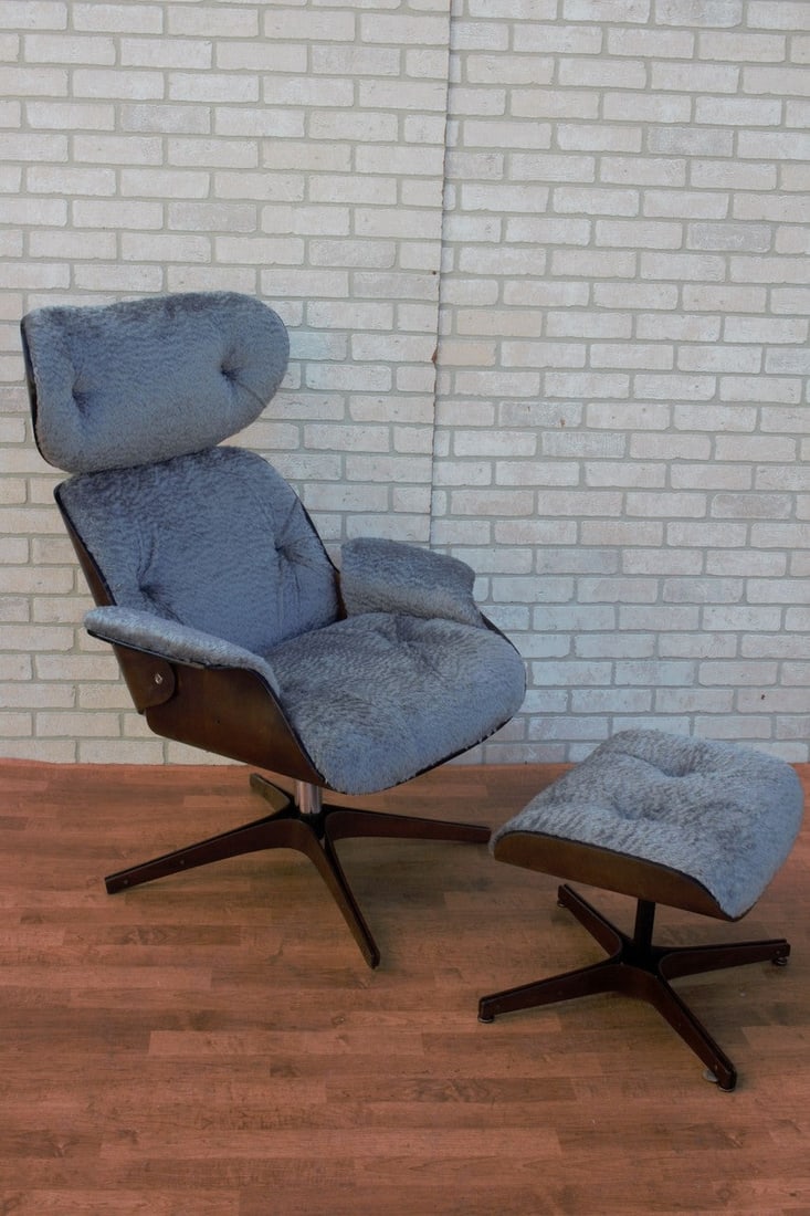MID CENTURY MODERN CHAIR & OTTOMAN: MID CENTURY MODERN GEORGE MULHAUSER FOR PLYCRAFT MR. CHAIR & OTTOMAN NEWLY UPHOLSTERED - 2 PIECE SET Chair H 43â€ W 31â€ D 23â€ Seat H 18â€