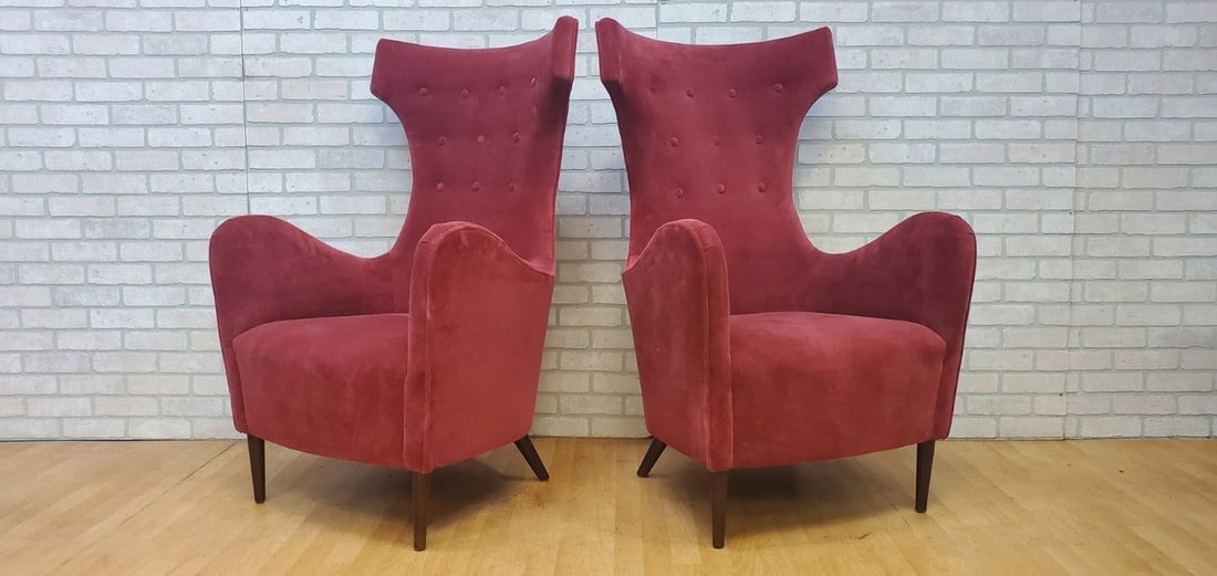 MID CENTURY MODERNCHAIRS: MID CENTURY MODERN FUSIA VELVET MALMO WINGBACK CHAIRS BY MR. BROWN LONDON - PAIR W 28â€ D 29â€ H 46â€ Seat H 20â€ Seat W 21â