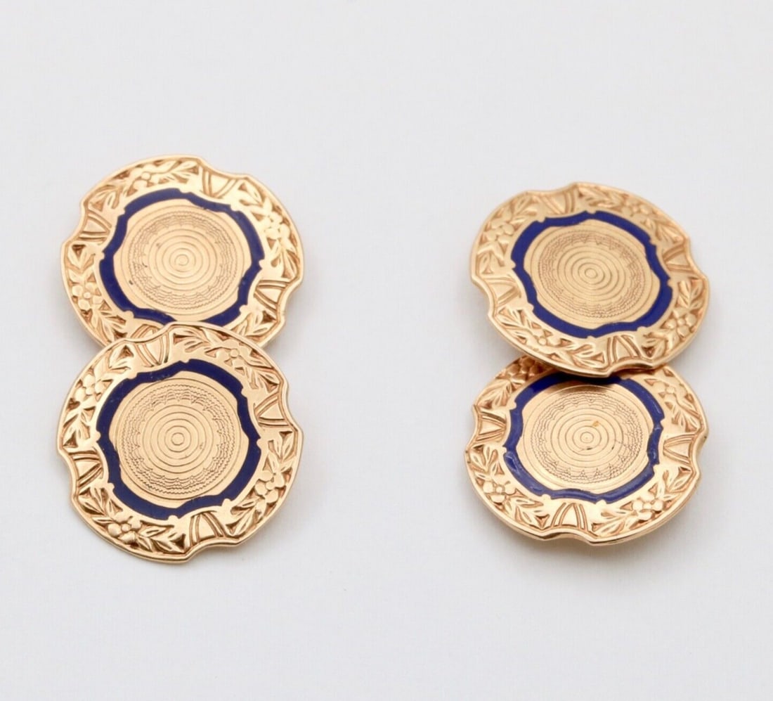 Vintage Blue Enamel High Relief Gold Cufflinks (1 of 3)