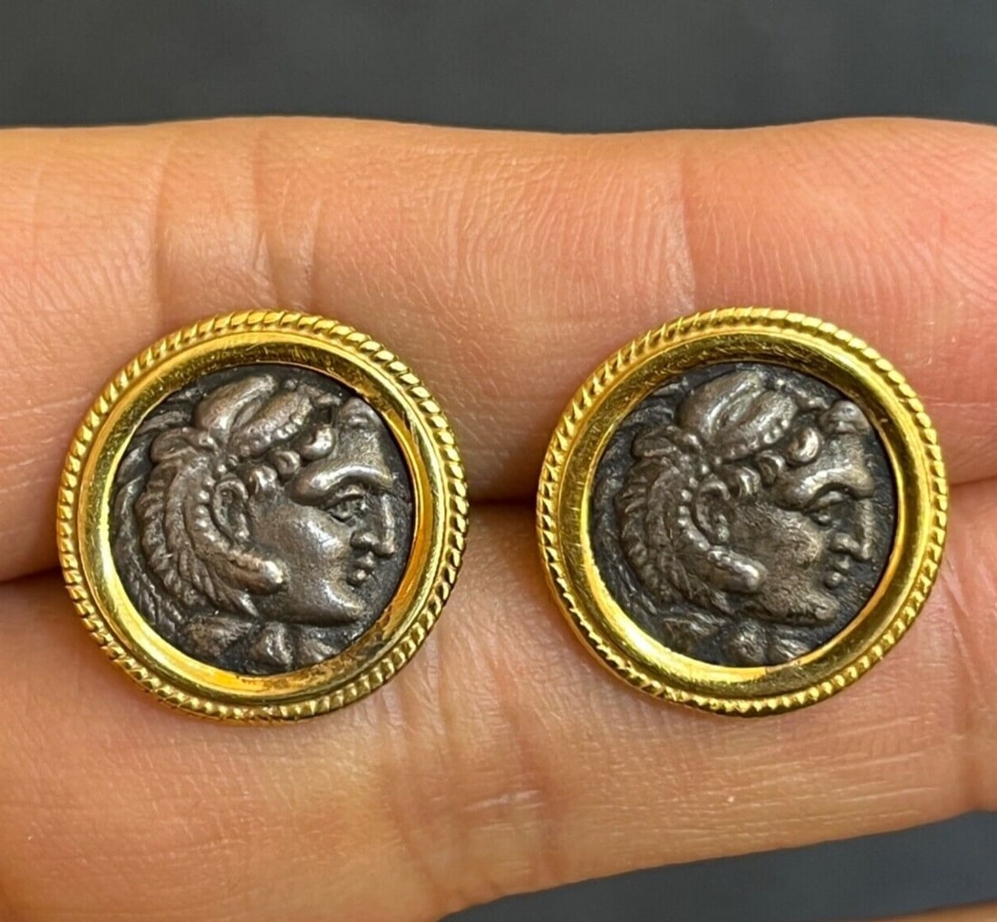 Vintage Yellow Gold Ancient coin Alexander III 'the Great', Posthumous Studs (1 of 3)