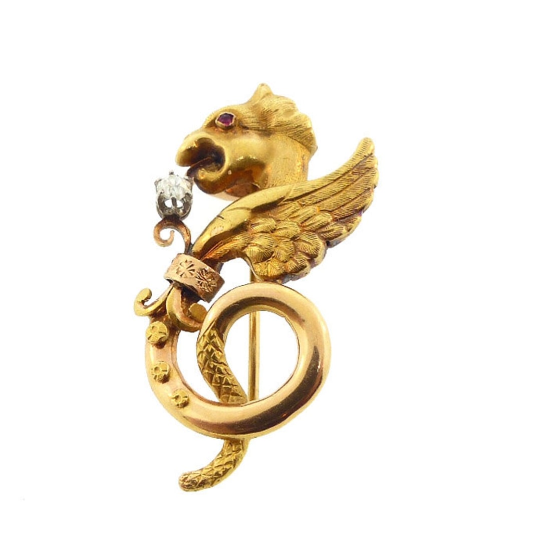 Napoleon III 18K Gold, Diamond & Ruby Griffin Brooch/Necklace Slide (1 of 3)