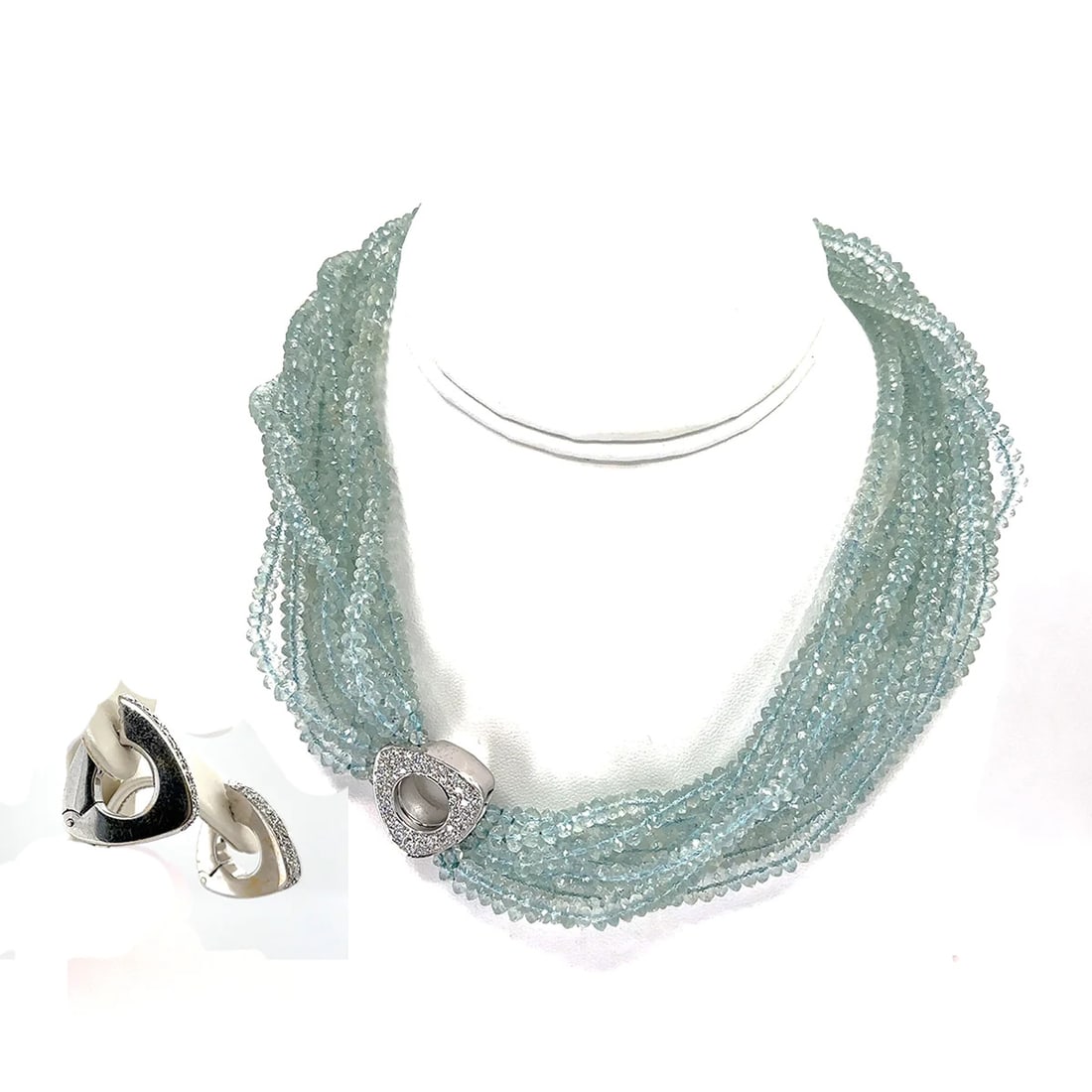 Antonini Gioielli Aquamarine & Diamond Suite: 18k White gold necklace and earring suite by Italian designer Antonini Gioielli containing over 650 carats of aquamarine faceted beads and approximately 2.00 carats of round brilliant diamonds